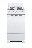 Summit Appliance RE203W 20" Electric Range, 4 Coil Elements, White, 2.3 Cuft Oven Capacity, on Indicator Lights for Oven and Elements- Cord Not Included