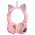 JYPS Unicorn Bluetooth Headphones, Wireless/Wired Kids Headphones with LED Lights, Childrens Headphones Over Ear with Microphone and SD Card Slot, for iPad/Kindle/Tablet(pink)