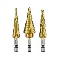 NEIKO 10181A Step Drill Bit Set, 3 Piece, Spiral Grooved for Faster Drilling, Step Bits for Stainless Steel, Metal, Wood, Plastic, Unibit Cone Drill Bits with 31 Step Sizes Total