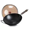 Wok in acciaio al carbonio, padella Wok tradizionale cinese forgiata a mano da 32cm con manico in legno staccato, Wok senza rivestimento con coperchio per piani di cottura elettrici a gas a induzione