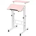 SIDUCAL Bureau debout mobile réglable avec roulettes pour ordinateur portable - Station de travail à la maison - Chariot pour ordinateur portable debout ou assis - Rose