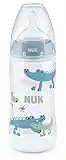 NUK First Choice+ Botella de bebé | 6 – 18 meses | Control de temperatura | Control de flujo | Válvula anticólica | 300 ml | Sin BPA | Aspiradora de silicona | Cocodrilo azul