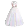 Vestito da Ragazza di Fiori Elegante Ricamo Floreale Tulle Tutu Principessa Damigella D'onore Matrimonio Compleanno Prima Comunione Sera A-Line Maxi Abito da Ballo Formale Arcobaleno-Bianca 13-14 Anni