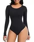 FeelinGirl Seamless Long Sleeve Thong Bodysuit for Women-Tummy Control Shapewear 2023 Fashion Top Shirts Body Shaper Round Neck Leotard Basic Clothing Black