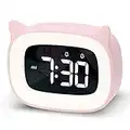 NESIFEE Pink Alarm Clock with Night Light, Cute Cat Alarm Clocks for Girls Toddlers Boys Birthday Gifts, Cute OK to Wake Alarm Clock for Kids Teens Bedrooms