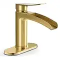 Single Handle Waterfall Faucet for Bathroom Sink in Brushed Gold Finish, with 4-Inch Deck Plate,Metal Pop Up Drain Assembly and CUPC Water Supply Lines by phiestina,NS-SF01-BG