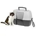 IRIS USA Large Enclosed Corner Cat Litter Box with Front Door Flap and Scoop, Hooded Kitty Litter Tray with Handle and Buckles for Portability and Privacy, Gray