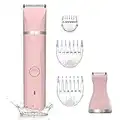 Waterproof Bikini Trimmer for Women Electric Razor for Bikini Legs Pubic Hair Rechargeable Electric Shaver for Women Hair Removal with Snap-in Ceramic Blades IP7X Washable Head,Wet and Dry Use,Pink