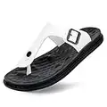 Harssidanzar Chanclas de cuero para hombre, soporte de arco ortopédico cojín suave plantilla comodidad plana interior al aire libre playa sandalias tipo Tanga para hombre KM217,Blanco negro,Tamaño 41