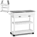 TANGZON Kitchen Island Trolley, Rolling Serving Cart with Stainless Steel Flip Worktop, 2 Drawers, Side Handle & Wheels, Utility Storage Shelves Organiser (85x42x82cm, with Flip Top, White)