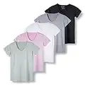 5 Pack: Womens V Neck T-Shirt Ladies Yoga Top Athletic Tees Active Wear Gym Workout Zumba Exercise Running Essentials Quick Dry Fit Dri Fit Moisture Wicking Basic Clothes - Set 9,XXL