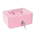 Cash Box with Lock and Money Tray, Petty Cash Box with Key, Small Lock Box for Money 7.87 x 6.3 x 3.54 Inches Pink