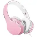 LORELEI X6 Over-Ear Headphones with Microphone, Lightweight Foldable & Portable Stereo Bass Headphones with 1.45M No-Tangle, Wired Headphones for Smartphone Tablet MP3 / 4 (Pearl Pink)