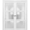 Sliding French Double Pocket Doors 48 x 80 inches Frosted Glass 3 Lites| Lucia 2552 Matte White | Kit Trims Rail Hardware | Solid Wood Interior Bedroom Sturdy Doors