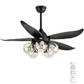 TCL 48" Black Ceiling Fan with Lights Remote Control, Classic Ceiling Fan with 5 glass lampshades for LED Edison Bulb, 5 Blades Noiseless Reversible Motor,6-Speed(Bulb not included)