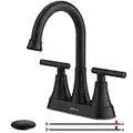 Faucets for Sink 3 Hole, Hurran 4 inch Matte Black, Pop-up Drain and 2 Supply Hoses, Stainless Steel Lead-Free 2-Handle Centerset Faucet for Bathroom Sink Vanity RV