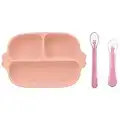 ACwiwil Plato + 2 cucharas para bebés Plato para niños con ventosa para niños pequeños, platos para niños de silicona, apto para la mayoría de mesas y sillas altas - Rosa