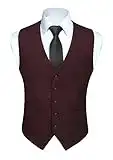 HISDERN Gilet Costume Homme Bordeaux à Carreaux Classique Gilets Sans Manche Coton Gilet Mariage Formel avec Poche XXL