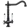 Traditional Kitchen Sink Mixer Tap Double Handle Solid Brass Kitchen Tap Antique Black Brass Georgian Classic Faucet (Black)