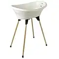 THERMOBABY - Kit Baignoire Bébé - Vasco - Baignoire, Pied En Bois & Tuyau De Vidange - Innovation Brevetée - Pliable & Stable - Peut Accueillir Un Transat De Bain - Fabriqué En France - Blanc Muguet