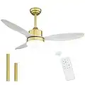 Melkelen Modern Gold Ceiling Fans with Lights and Remote Control, White Wood Blades, 48 Inch Indoor/Outdoor Ceiling Fans for Living Room, Bedroom, Covered Patios, MK05-GD