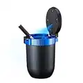 WQR Car Ashtray with Lid Portable Ash Tray Blue Mini Car Trash Can with LED Blue Light Windproof for Outdoor Travel (Blue)