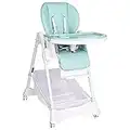 Foldable Baby High Chair With Wheels and Storage Basket, 6-Position Adjustable Seat Height -LIVINGbasics, White+Green, 9.0 pounds