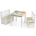 DREAMADE Kindersitzgruppe mit 22L Stauraum, Tisch + 2 Stühle + Truhenbank, Möbelset für Kinder, Kindertruhenbank Kindermöbelset für 4 Kinder, Holzsitzgruppe mit Spieltisch und Stuhlset (Natur)