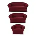 Sapphire Home 3-Piece SlipCover Set for Sofa Loveseat Couch Arm Chair, Form fit Stretch, Wrinkle Free, Furniture Protector (Burgundy)