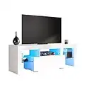 SONNI TV Schrank Weiss, TV Board Hochglanz, mit LED Beleuchtung(12 Farben können eingestellt Werden), mit Klapptür, mit Glasregal, Griffloses Design, 130 x 35 x 45 cm