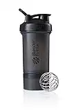 BlenderBottle ProStak Shaker avec 2 boîtes supplémentaires de 100, 150 ml + compartiment à pilules, 450 ml, Noir (Full Color Black)