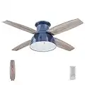 Prominence Home Edora, 52 Inch Industrial Style Flush Mount LED Ceiling Fan with Light, Remote Control, 4 Modern Blades, Reversible Motor - 51673-01 (Sapphire Blue)