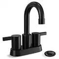 4 Inch 2 Handle Centerset Matte Black Lead-Free Modern Bathroom Faucet by Phiestina, 360 Swivel Spout 2-3 Hole RV Bathroom Vanity Sink Faucet with Pop Up Drain and Water Supply Lines，BF015-1-MB