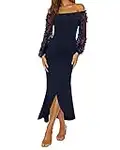 BTFBM Women Elegant Off Shoulder Dresses Sheer Long Sleeve Mesh Ruched Wrap Split Bodycon Maxi Cocktail Wedding Guest Dress(Solid Navy, Medium)