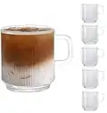 [6 Pack, 12 OZ] Design•Master Premium Glass Coffee Mugs with Handle, Classic Vertical Stripes Tea Cup,Transparent Tea Glasses for Hot/Cold Beverages, Perfect Design for Americano, Cappuccino, Latte.