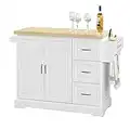 SoBuy Carrito de Cocina, Estantería de Cocina, Aparador con Ruedas, H91cm x L130cm x P46-71,Blanco,FKW41-WN,ES(Madera de Caucho)