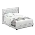 DG Casa Bardy Wingback Headboard Panel Bed Frame - Upholstered Solid Wood - Diamond Button Tufted with Nailhead Trim - Queen Size Bed Frame in White Faux Leather
