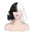 AMOBON Cruella Parrucca in Bianco e Nero, Parrucche Cosplay Anime per Costume Cruella Deville, Wig Donna Capelli Corti Ricci con Frangia per Halloween Carnevale Mardi Gras Carnival Party