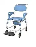 Medical Wheeled Shower Commode Chair, Mobile Bedside Commode Over Toilet Chair with Padded Seat water-proof seat Armrests and footrest can be flip-up