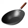 21st & Main Wok, Stir Fry Pan, Wooden Handle, 11 Inch, Lightweight Cast Iron, chef’s pan, pre-seasoned nonstick, for Chinese Japanese and other cooking