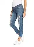 V VOCNI Maternity Jeans Women's Ripped Boyfriend Jeans Cute Distressed Jeans Stretch Skinny Maternity Pants, 001# Indigo Blue_hole01blue, Large