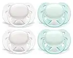 Philips AVENT Ultra Soft Pacifier, 0-6 Months, Arctic White/Green, 4 Pack, SCF214/40