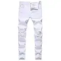 LONGBIDA Men's Ripped Destroyed Jeans Stretchy Knee Holes Slim Fit Tapered Leg Denim Pants, 08white, 42