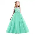 IBAKOM - Vestito con fiore in pizzo, per matrimonio, damigella d'onore, ballo, serata, compleanno, comunione, festa, formale, principessa, tulle verde chiaro 12-13 Anni