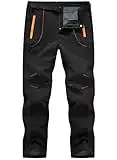 TBMPOY Men's Work Hiking Pants Softshell Waterproof Fleece Lined Insulated Athletic Mountain Pants with Belt(Black US M)