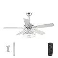 Parrot Uncle Ceiling Fans with Lights and Remote Crystal Chandelier Ceiling Fan with Light for Bedroom 52 Inch Outdoor Ceiling Fans for Patios Covered, Silver