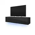 SELSEY LANA Floating TV Cabinet/TV Bench (160cm, Matte Black/Gloss Black Front Panel with Blue LED)