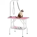 costoffs Foldable Pet Dog Grooming Table with Basket Adjustable Arm Double Tether Salon Table for Small Medium Dogs/Cats 160cm High Pink