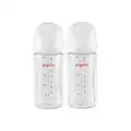 Pigeon Glass Nursing Bottle Wide Neck, Streamlined Body, Natural Feel, Easy to Clean, Heat-Resistant, 8.1 Oz(Pack of 2), Includes 2pcs M Nipples (3m+)