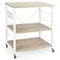 GiantexUK Kitchen Baker's Rack, 3 Tier Serving Cart Microwave Stand with Adjustable Shelf, Lockable Wheels and 10 Removable Hooks, Rolling Storage Trolley for Home Office & Living Room (Nature)